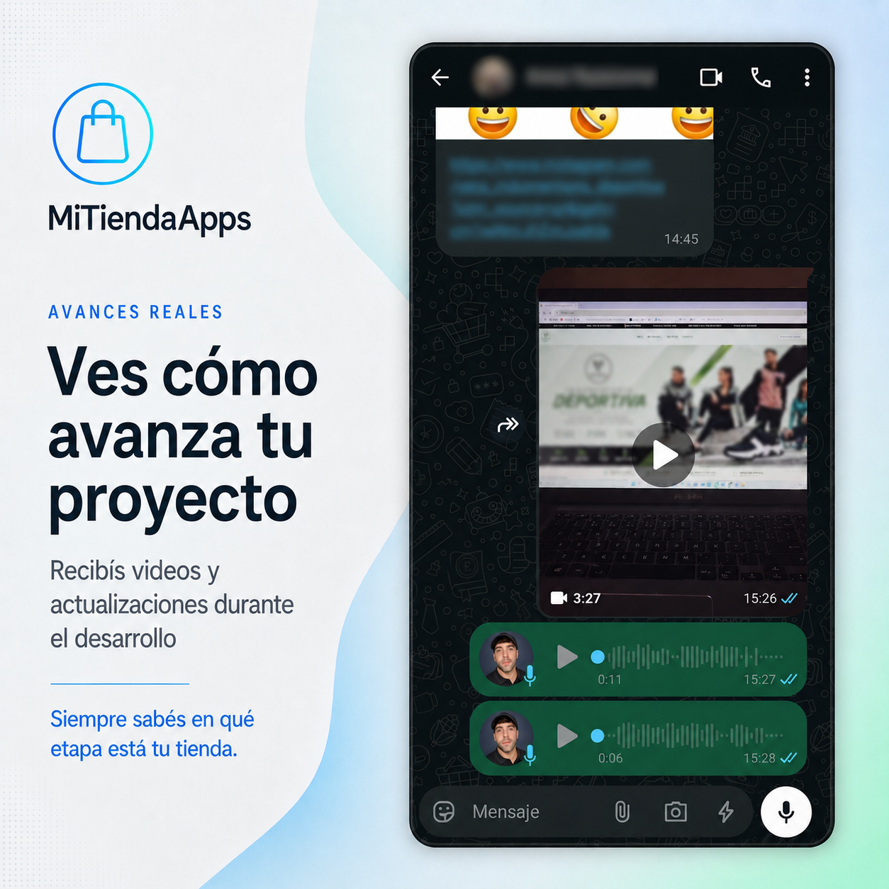 Captura real de WhatsApp con videos y actualizaciones del avance de una tienda online